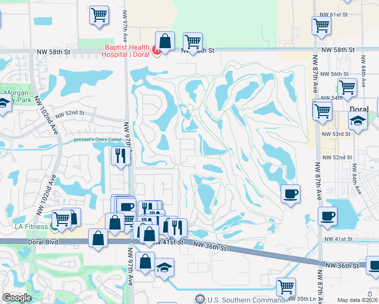 map of restaurants, bars, coffee shops, grocery stores, and more near 4953 Northwest 93rd Doral Place in Doral