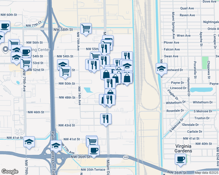 map of restaurants, bars, coffee shops, grocery stores, and more near 4905 Northwest 72nd Avenue in Miami