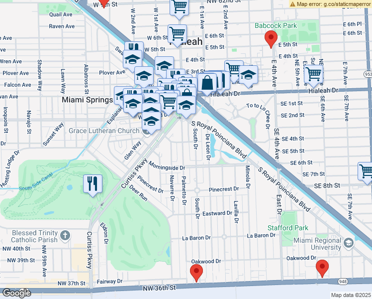 map of restaurants, bars, coffee shops, grocery stores, and more near 129 Palmetto Drive in Miami Springs