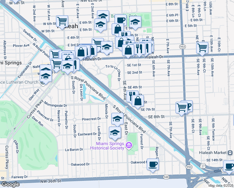 map of restaurants, bars, coffee shops, grocery stores, and more near 480 To to Lo Chee Drive in Hialeah