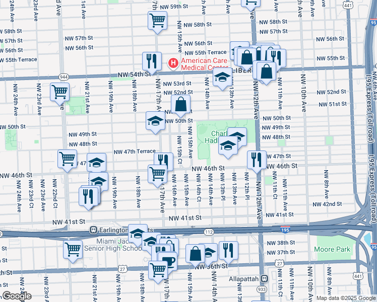map of restaurants, bars, coffee shops, grocery stores, and more near 4651 Northwest 15th Avenue in Miami