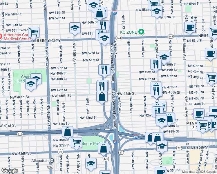 map of restaurants, bars, coffee shops, grocery stores, and more near 672 Northwest 46th Street in Miami