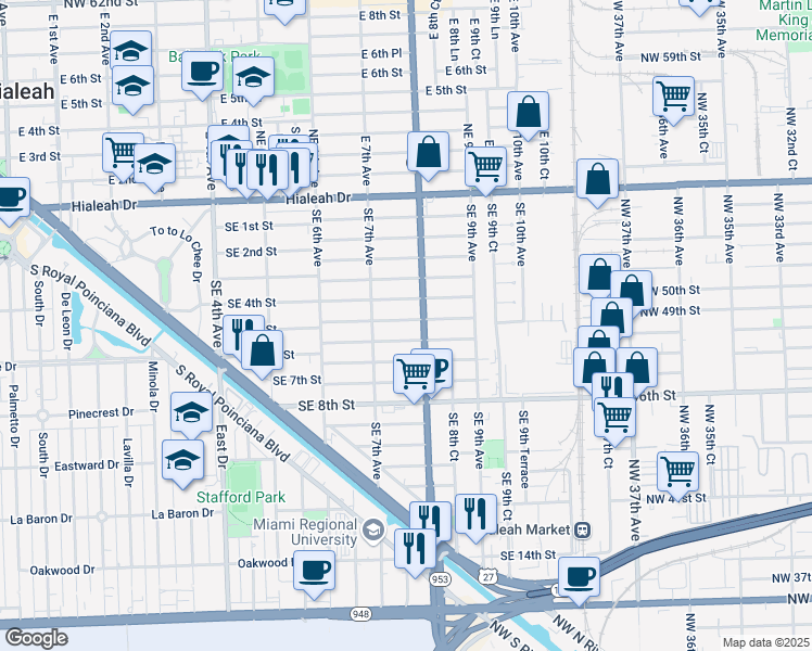 map of restaurants, bars, coffee shops, grocery stores, and more near 560 Florida 953 in Hialeah