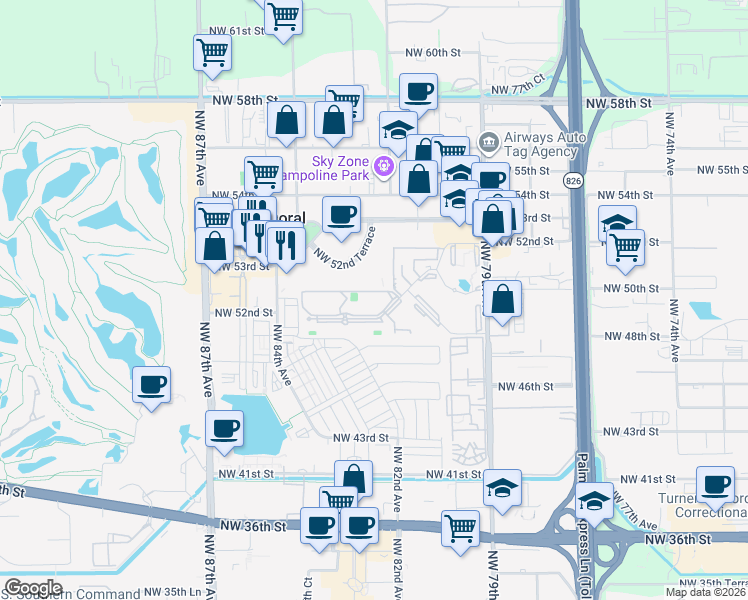 map of restaurants, bars, coffee shops, grocery stores, and more near 8255 Lake Drive in Doral