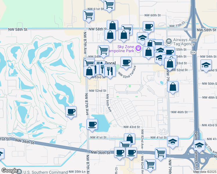 map of restaurants, bars, coffee shops, grocery stores, and more near 5200 Northwest 83rd Court in Doral