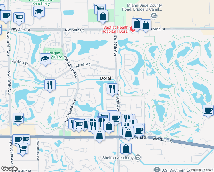 map of restaurants, bars, coffee shops, grocery stores, and more near 4869 Northwest 97th Place in Doral