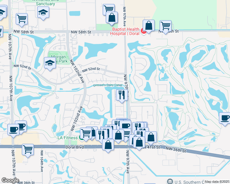 map of restaurants, bars, coffee shops, grocery stores, and more near 4869 Northwest 97th Place in Doral