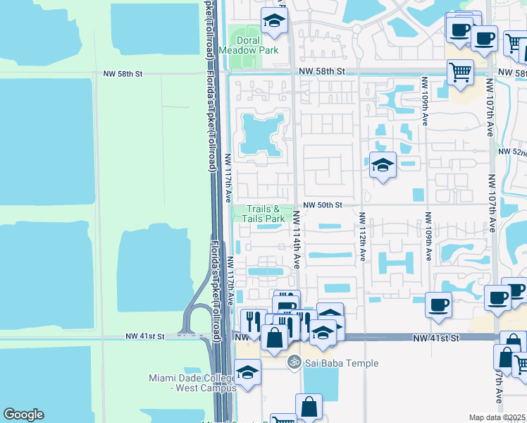 map of restaurants, bars, coffee shops, grocery stores, and more near 11645 Northwest 50th Street in Doral