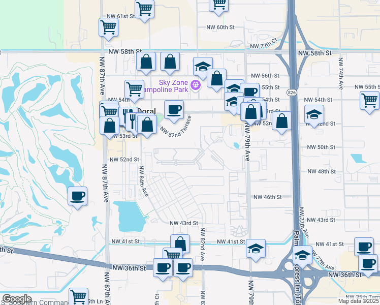 map of restaurants, bars, coffee shops, grocery stores, and more near 8255 Lake Drive in Doral