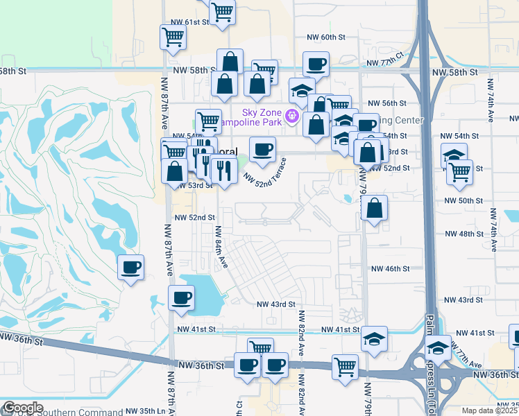 map of restaurants, bars, coffee shops, grocery stores, and more near 8333 Lake Drive in Doral