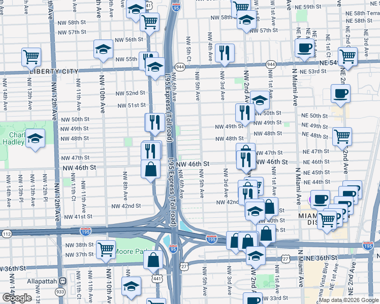map of restaurants, bars, coffee shops, grocery stores, and more near 560 Northwest 47th Street in Miami
