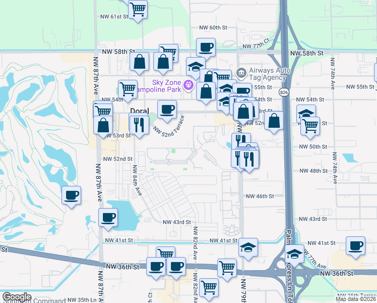 map of restaurants, bars, coffee shops, grocery stores, and more near 8100-8180 Geneva Court in Doral