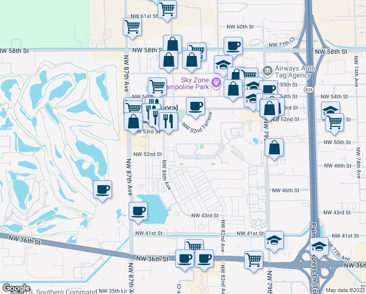 map of restaurants, bars, coffee shops, grocery stores, and more near 8333 Lake Drive in Doral
