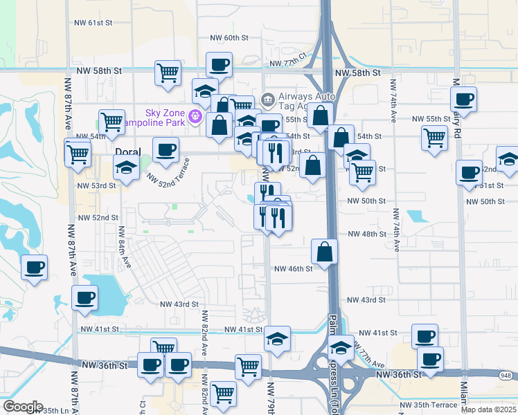 map of restaurants, bars, coffee shops, grocery stores, and more near 4810 Northwest 79th Avenue in Doral
