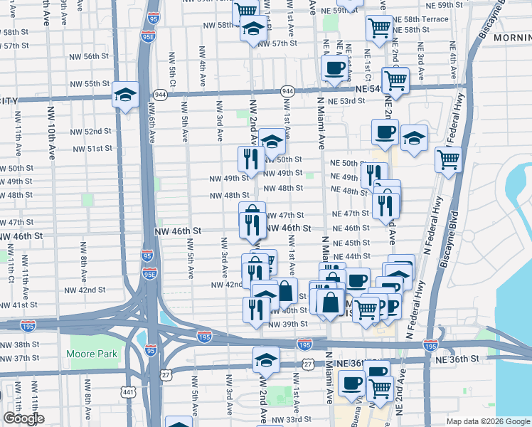 map of restaurants, bars, coffee shops, grocery stores, and more near 165 Northwest 46th Street in Miami