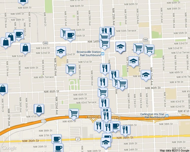 map of restaurants, bars, coffee shops, grocery stores, and more near 2890 Northwest 48th Street in Miami