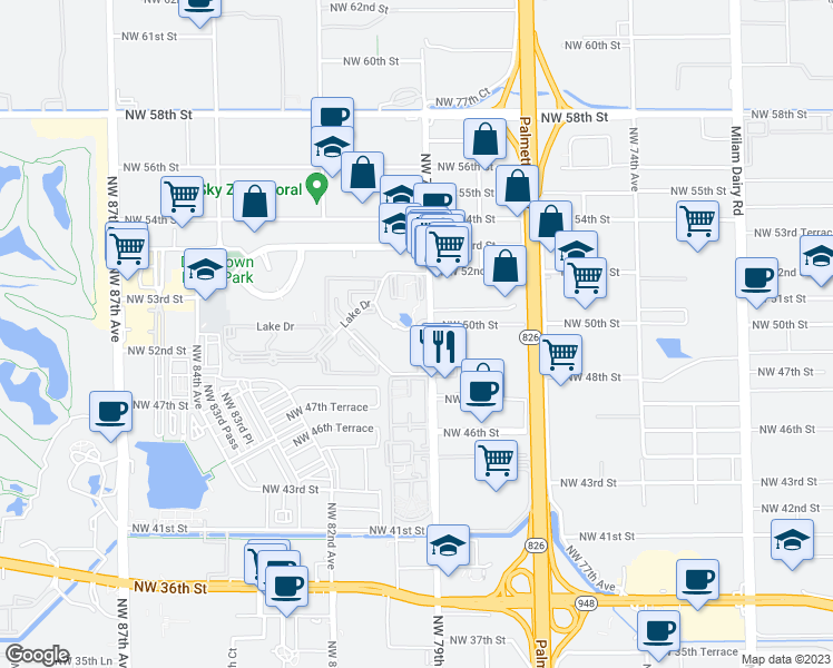 map of restaurants, bars, coffee shops, grocery stores, and more near 4810 Northwest 79th Avenue in Doral