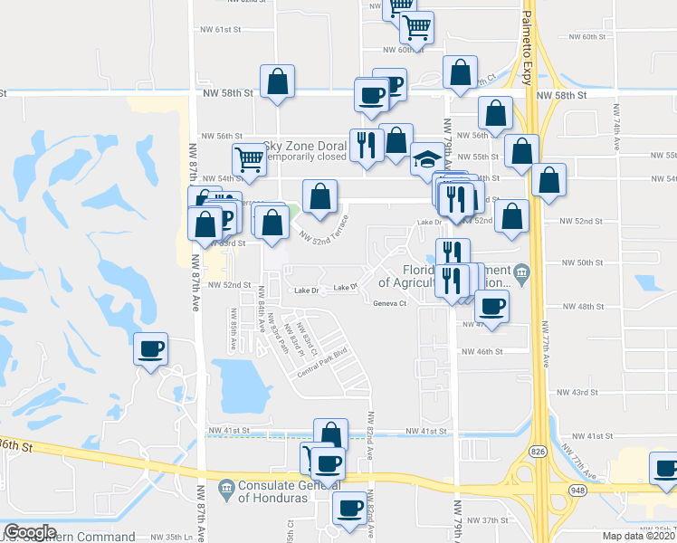 map of restaurants, bars, coffee shops, grocery stores, and more near 8255 Lake Drive in Doral