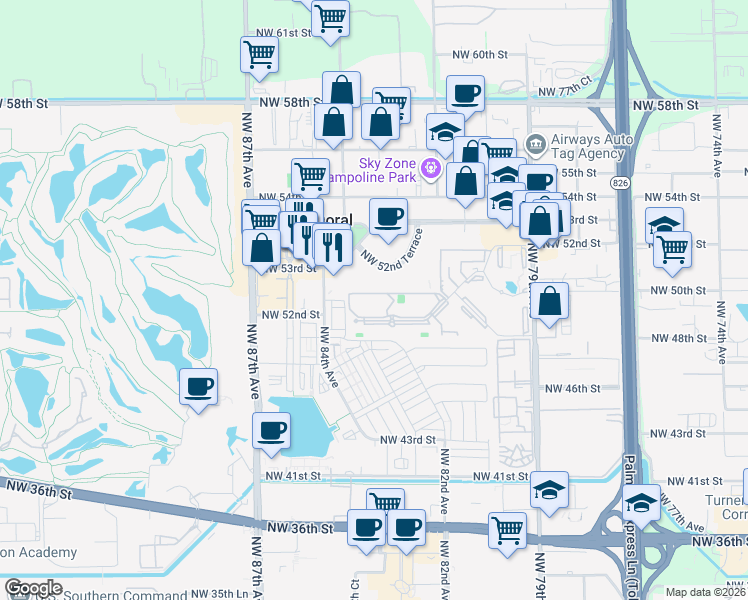 map of restaurants, bars, coffee shops, grocery stores, and more near 8333 Lake Drive in Doral
