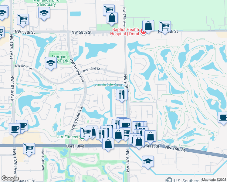 map of restaurants, bars, coffee shops, grocery stores, and more near 4869 Northwest 97th Place in Doral