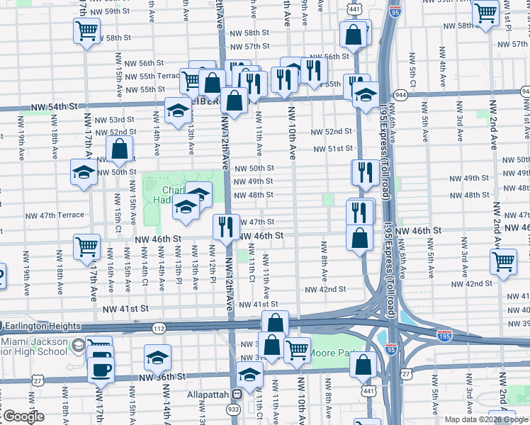 map of restaurants, bars, coffee shops, grocery stores, and more near 4631 Northwest 11th Avenue in Miami