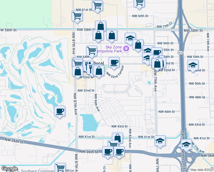 map of restaurants, bars, coffee shops, grocery stores, and more near 8333 Lake Drive in Doral