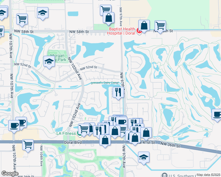 map of restaurants, bars, coffee shops, grocery stores, and more near 4869 Northwest 97th Place in Doral