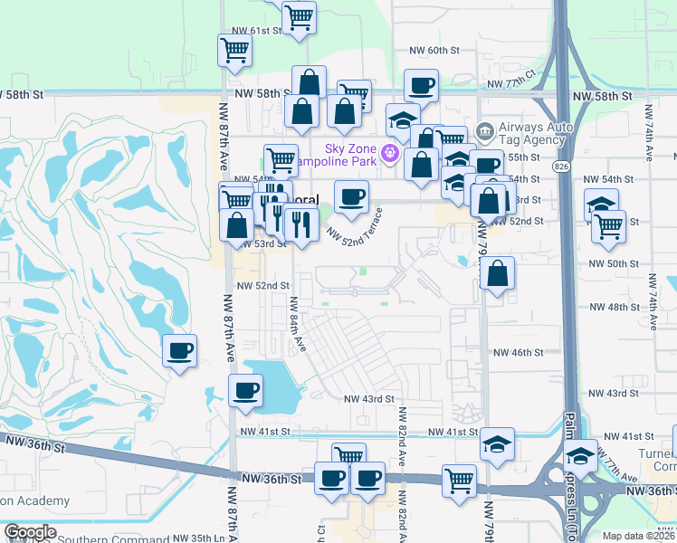 map of restaurants, bars, coffee shops, grocery stores, and more near 8333 Lake Drive in Doral