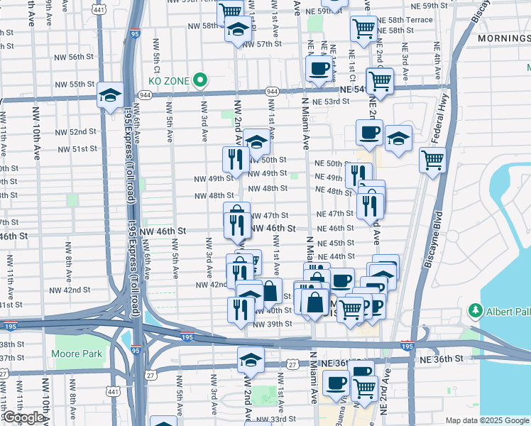 map of restaurants, bars, coffee shops, grocery stores, and more near 127 Northwest 47th Street in Miami