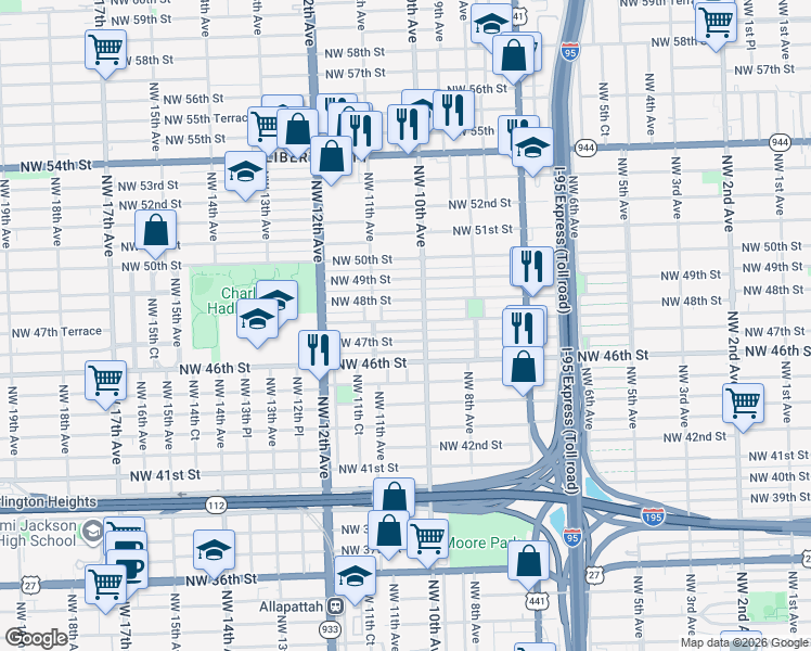 map of restaurants, bars, coffee shops, grocery stores, and more near 1026 Northwest 47th Street in Miami