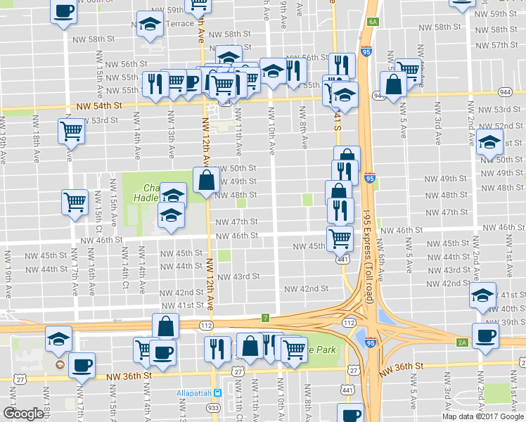map of restaurants, bars, coffee shops, grocery stores, and more near 1026 Northwest 47th Street in Miami