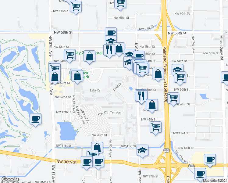 map of restaurants, bars, coffee shops, grocery stores, and more near 8100-8180 Geneva Court in Doral