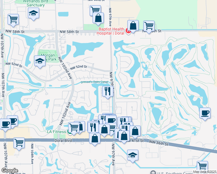 map of restaurants, bars, coffee shops, grocery stores, and more near 4873 Northwest 97th Court in Doral