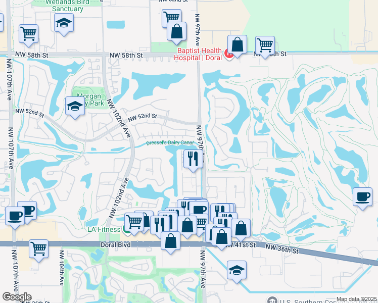 map of restaurants, bars, coffee shops, grocery stores, and more near 4869 Northwest 97th Place in Doral