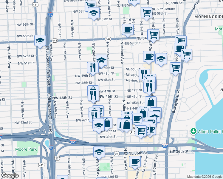 map of restaurants, bars, coffee shops, grocery stores, and more near 85 Northwest 47th Street in Miami