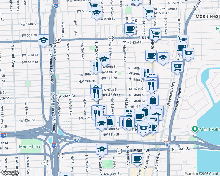 map of restaurants, bars, coffee shops, grocery stores, and more near 115 Northwest 47th Street in Miami