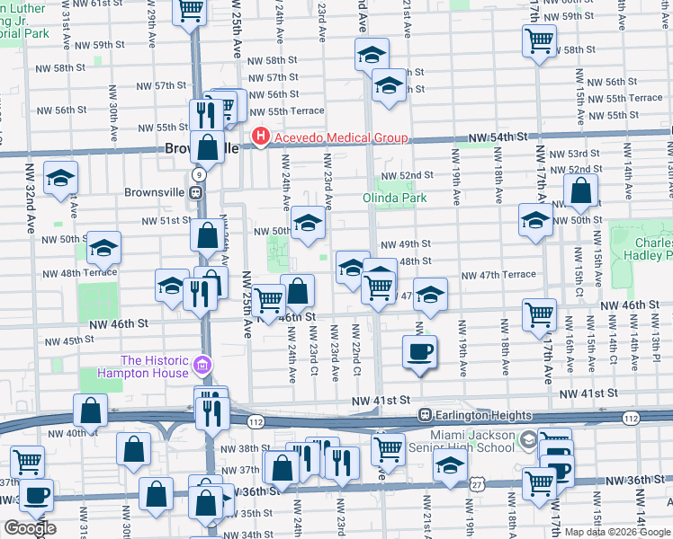 map of restaurants, bars, coffee shops, grocery stores, and more near 4649 Northwest 23rd Court in Miami