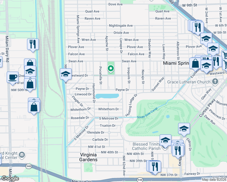 map of restaurants, bars, coffee shops, grocery stores, and more near 332 Payne Drive in Miami Springs