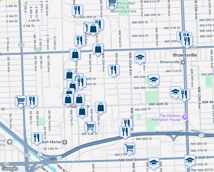 map of restaurants, bars, coffee shops, grocery stores, and more near 3500 Northwest 50th Street in Miami
