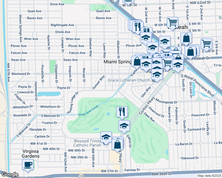 map of restaurants, bars, coffee shops, grocery stores, and more near 140 Fern Way in Miami Springs
