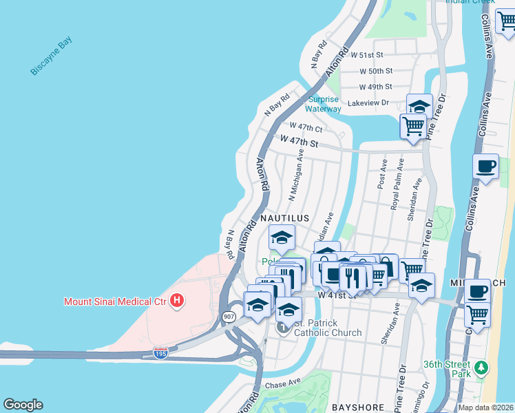 map of restaurants, bars, coffee shops, grocery stores, and more near 4456 Alton Road in Miami Beach