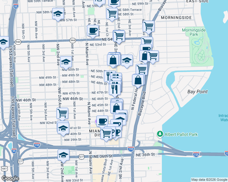map of restaurants, bars, coffee shops, grocery stores, and more near 201 Northeast 48th Street in Miami