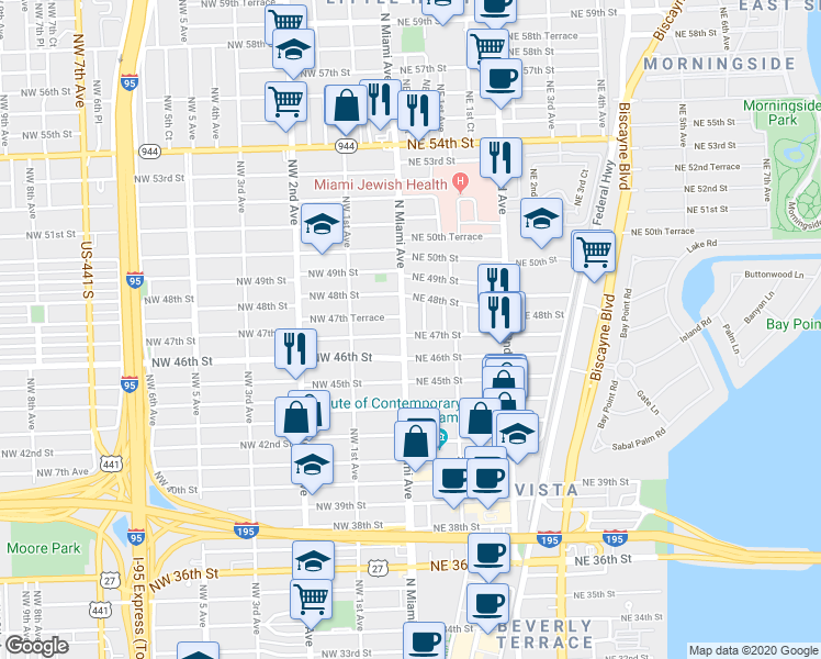 map of restaurants, bars, coffee shops, grocery stores, and more near in Miami