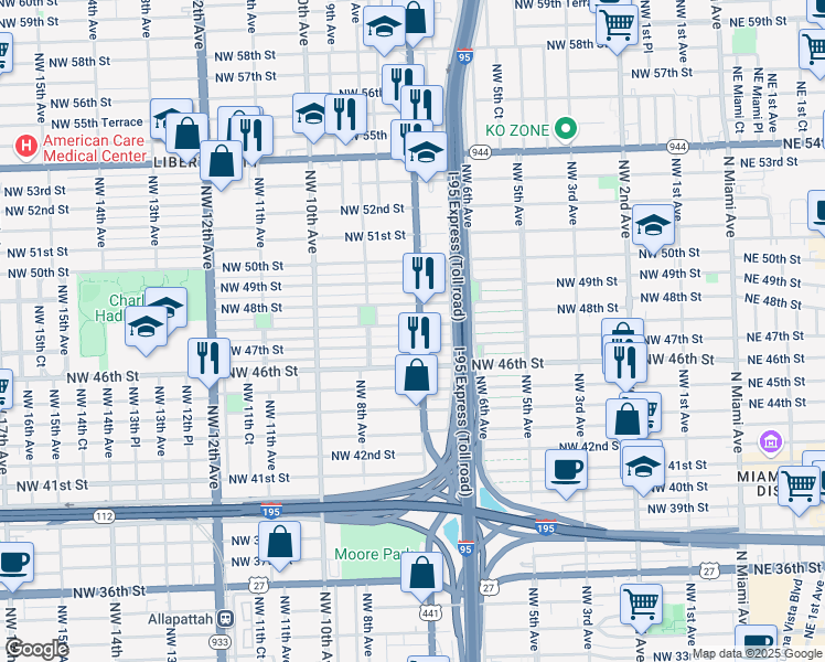 map of restaurants, bars, coffee shops, grocery stores, and more near in Miami