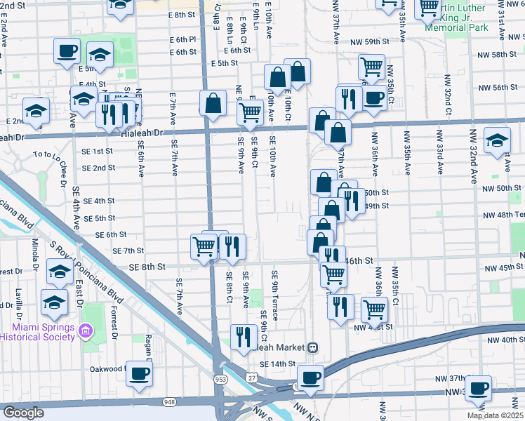 map of restaurants, bars, coffee shops, grocery stores, and more near 955 Southeast 4th Street in Hialeah
