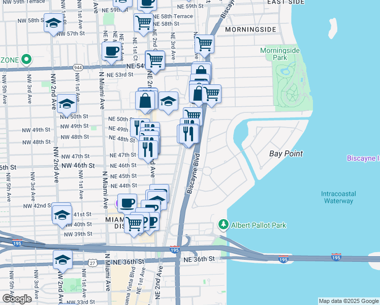 map of restaurants, bars, coffee shops, grocery stores, and more near 11601 Biscayne Boulevard in Miami