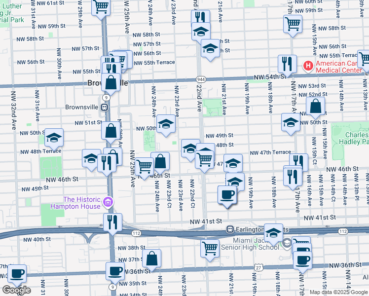 map of restaurants, bars, coffee shops, grocery stores, and more near 2250 Northwest 49th Street in Miami
