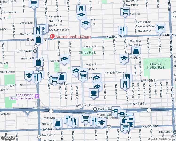 map of restaurants, bars, coffee shops, grocery stores, and more near 2174 Northwest 49th Street in Miami