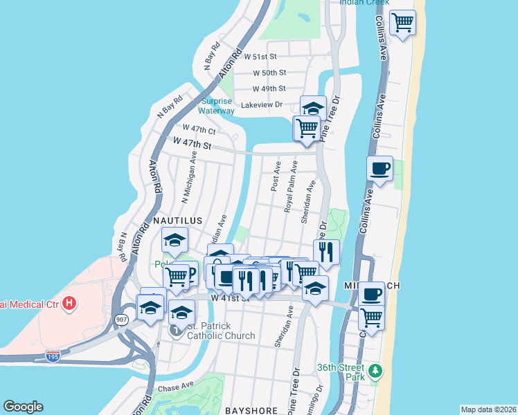 map of restaurants, bars, coffee shops, grocery stores, and more near 4510 Prairie Avenue in Miami Beach