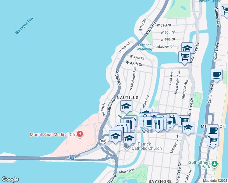 map of restaurants, bars, coffee shops, grocery stores, and more near 4456 Alton Road in Miami Beach